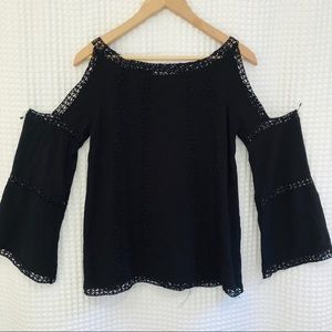 Black Cut Out Shoulder Lace Detail Blouse Top S